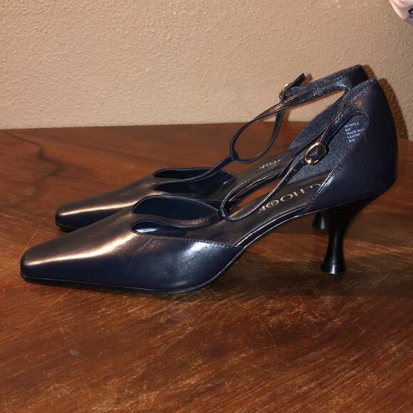 J G JG Hooks Preppy Academia Old Money Edgy Square Toe Blue Stacked Kitten Heels - Picture 5 of 11